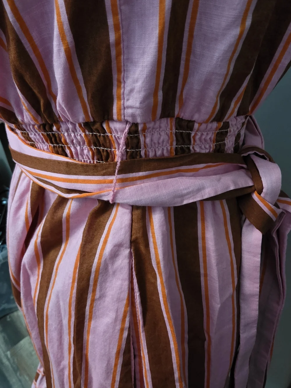 kate spade Pink and Brown Striped Midi Dress with Tie Waist and Ruffled Hem